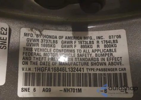 2006 Honda Civic Ex z USA, uszkodzony, nr VIN 1HGFA16846L132441